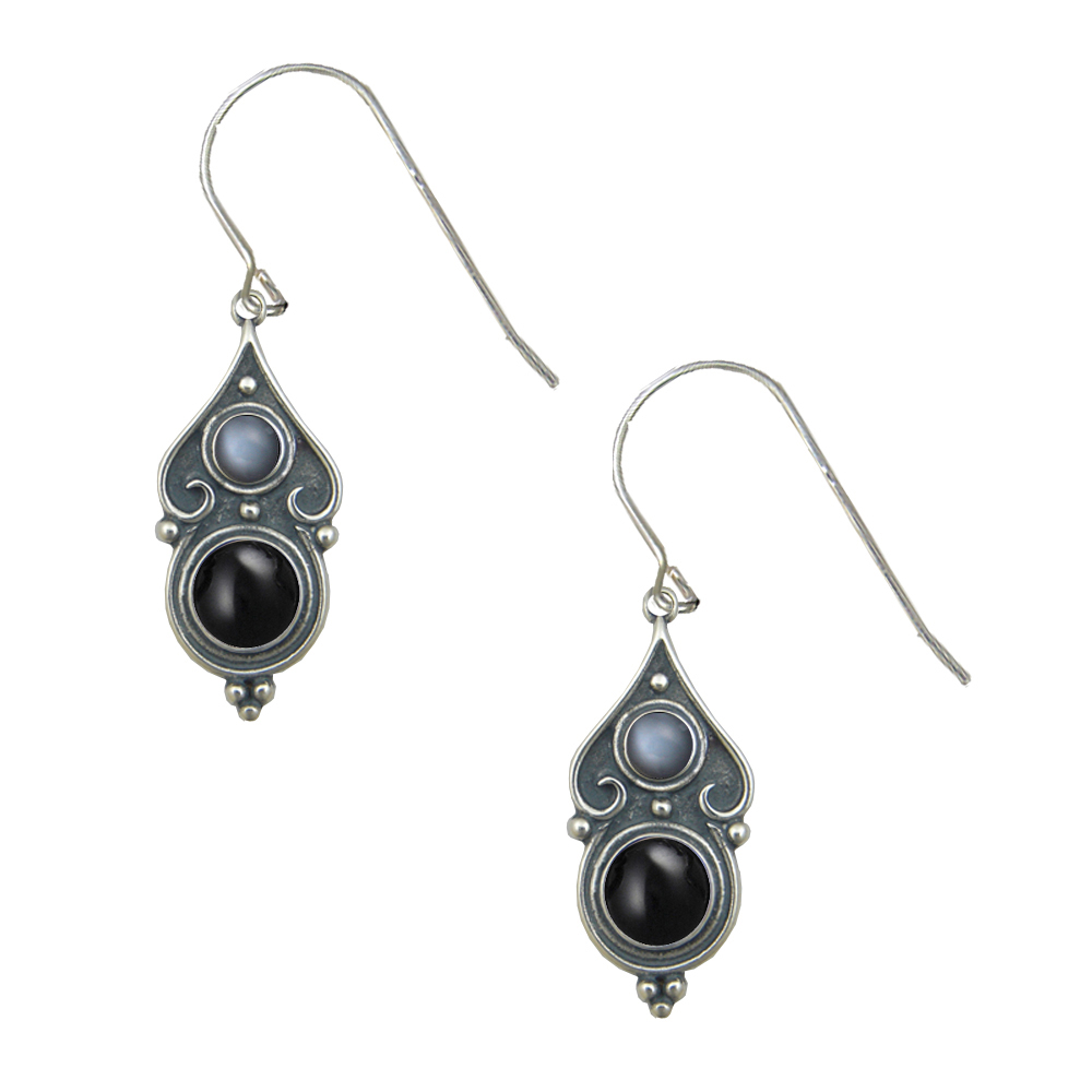 Sterling Silver Designer Post Stud Earrings With Black Onyx And Grey Moonstone